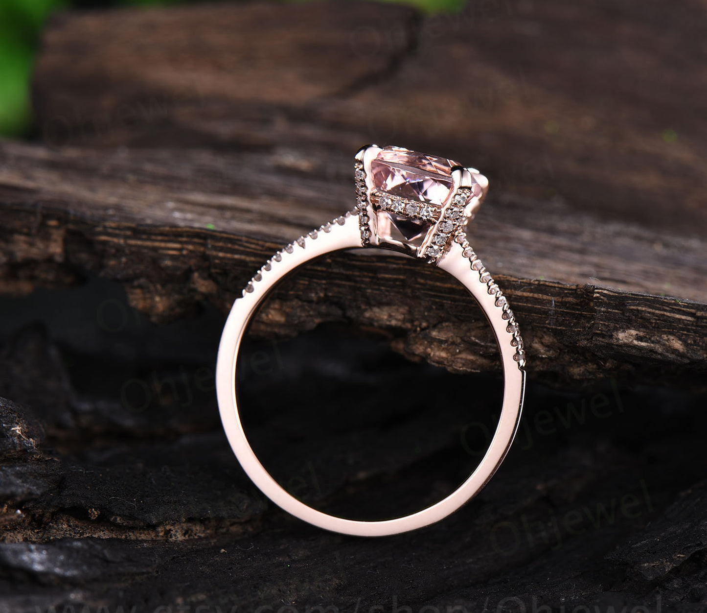 Cushion cut morganite ring natural pink morganite engagement ring rose gold diamond under basket halo ring