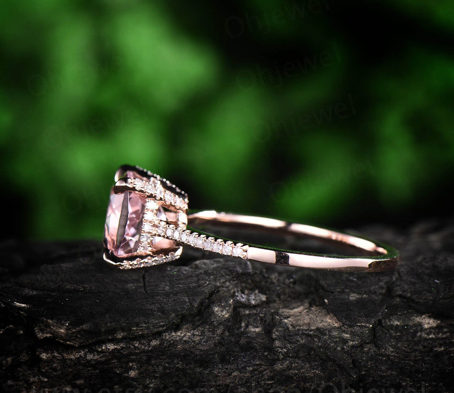 Cushion cut morganite ring natural pink morganite engagement ring rose gold diamond under basket halo ring