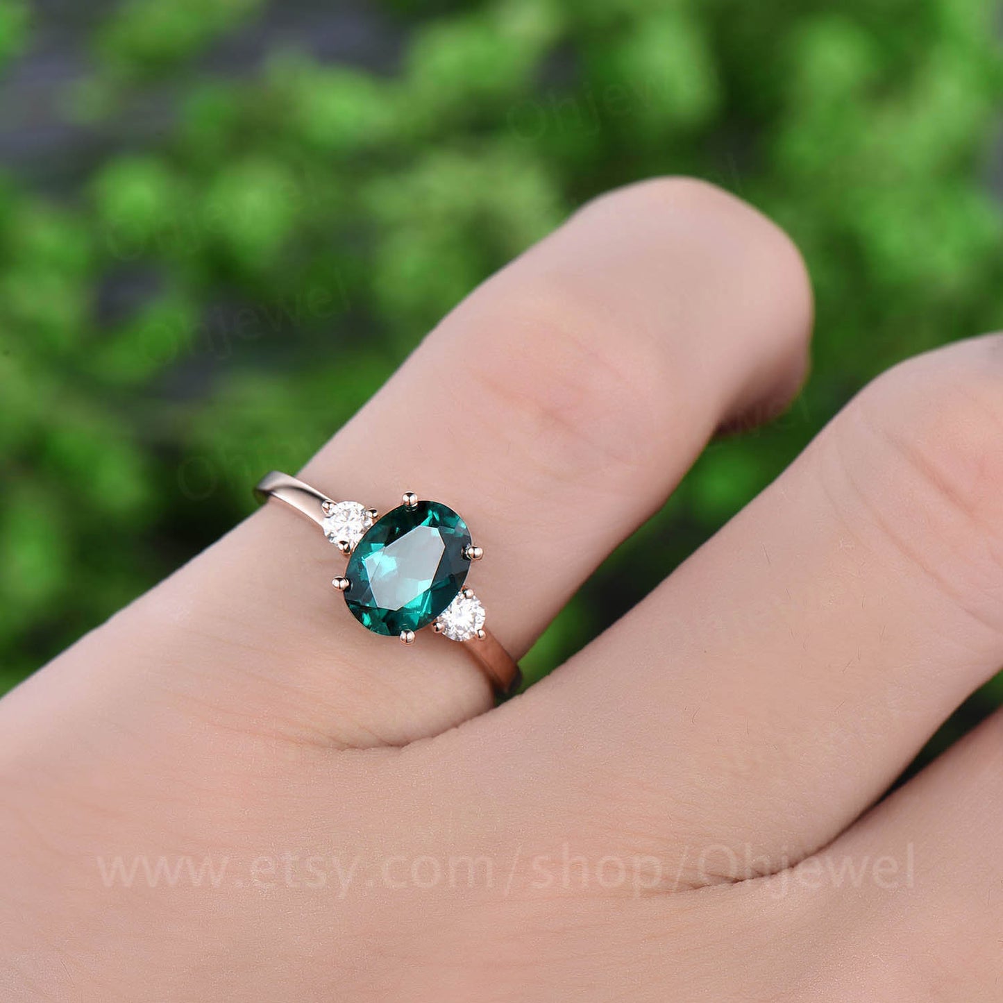 Three stone moissanite ring oval cut emerald engagement ring rose gold emerald ring vintage May birthstone women wedding bridal ring gift