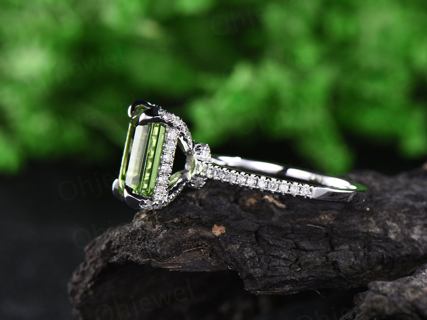 Real diamond under basket halo ring emerald cut peridot engagement ring white gold vintage green peridot women wedding bridal ring