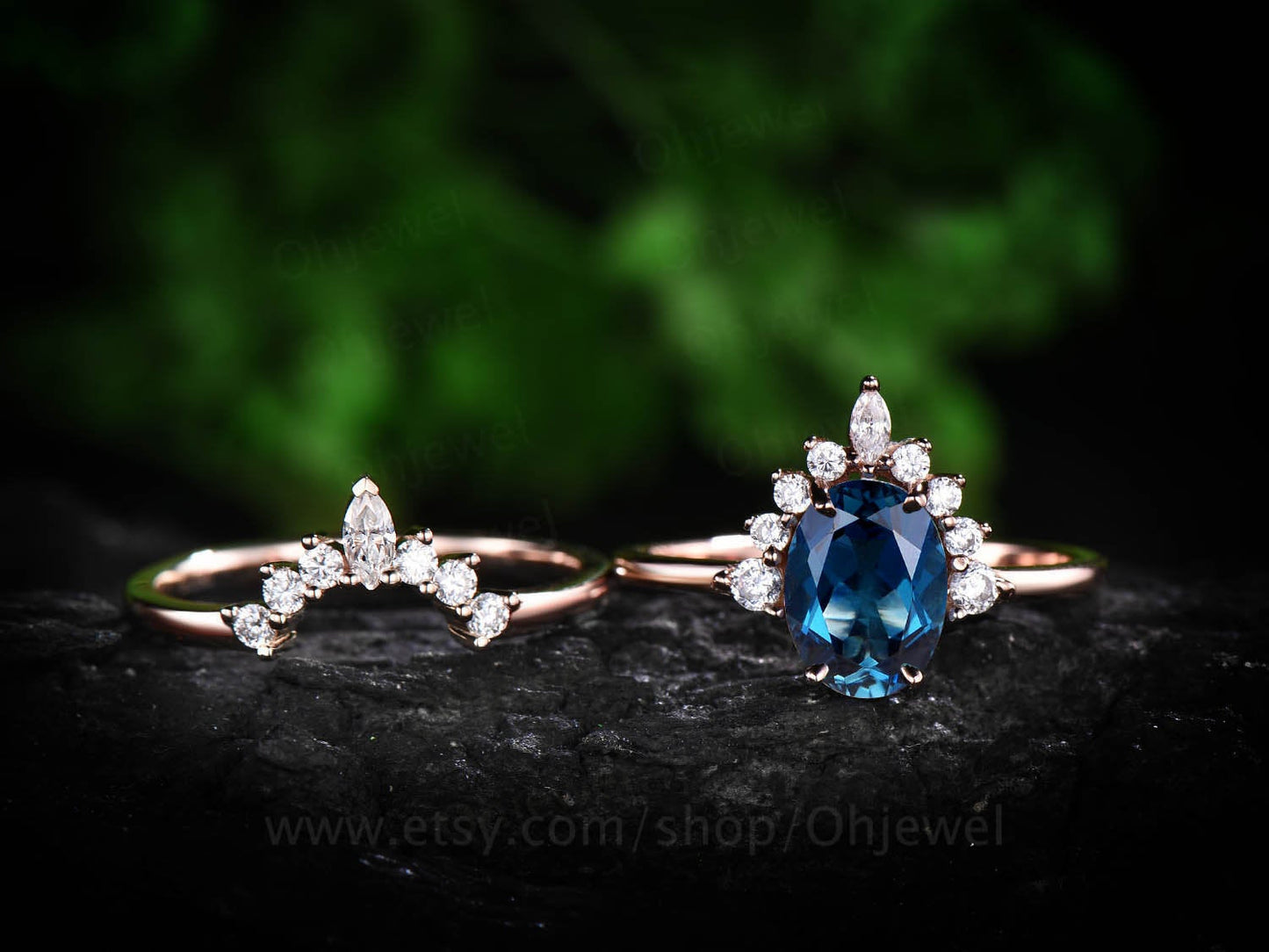 2pcs cluster crown art deco moissanite ring band oval London blue topaz engagement ring set rose gold vintage topaz wedding bridal ring set