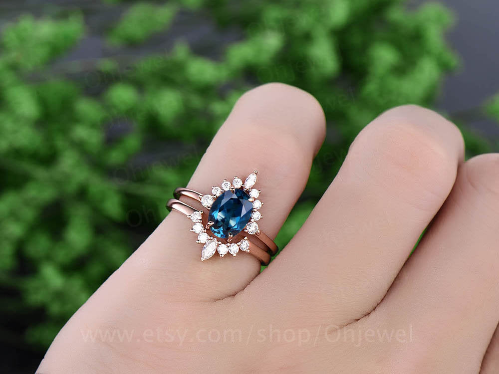 2pcs cluster crown art deco moissanite ring band oval London blue topaz engagement ring set rose gold vintage topaz wedding bridal ring set