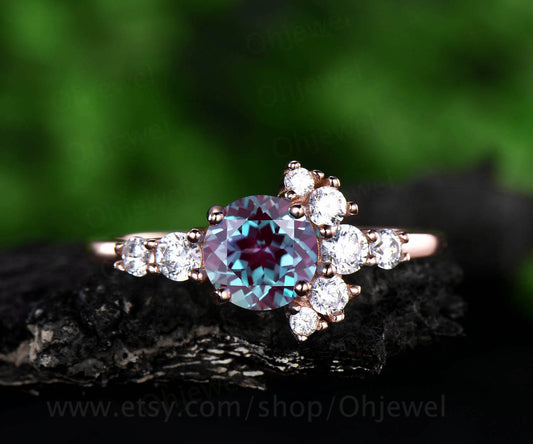 Unique moissanite ring color change alexandrite engagement ring rose gold for women vintage June birthstone anniversary wedding ring band
