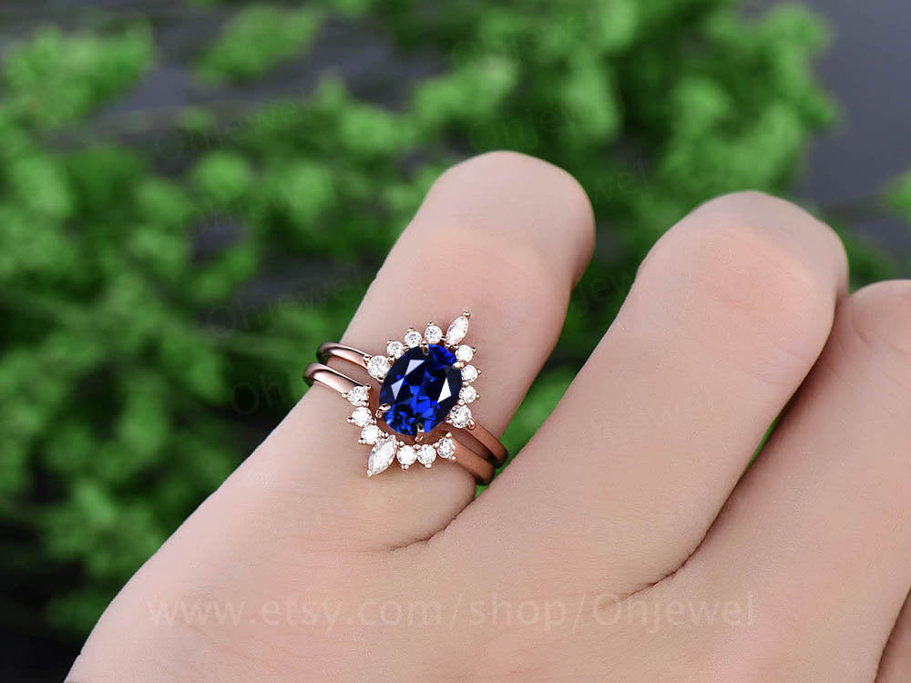 2pcs cluster crown art deco moissanite ring band oval blue sapphire engagement ring set rose gold vintage sapphire wedding bridal ring set