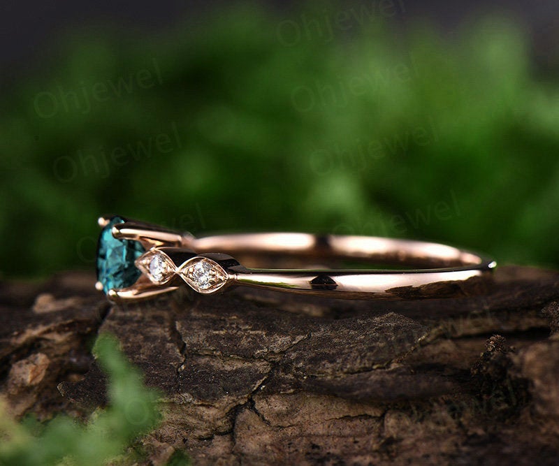 Art deco real diamond ring color change alexandrite engagement ring rose gold vintage round alexandrite marquise women wedding ring gift