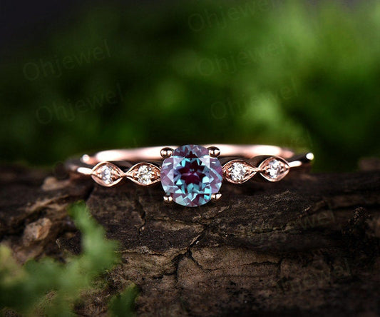 Art deco real diamond ring color change alexandrite engagement ring rose gold vintage round alexandrite marquise women wedding ring gift