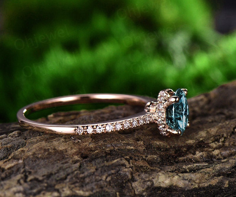 Real diamond under basket halo ring color change alexandrite engagement ring rose gold vintage 1ct round alexandrite women wedding ring gift