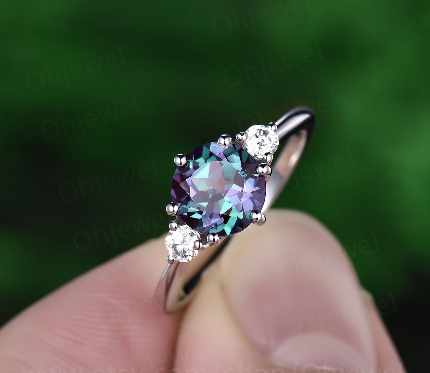 Three stone moissanite ring vintage alexandrite engagement ring white gold ring women June birthstone ring anniversary wedding ring gift