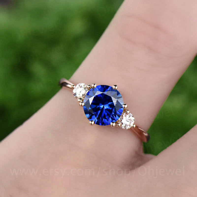Three stone moissanite ring round blue sapphire engagement ring rose gold 10k/14K/18K sapphire ring vintage wedding bridal ring jewelry gift