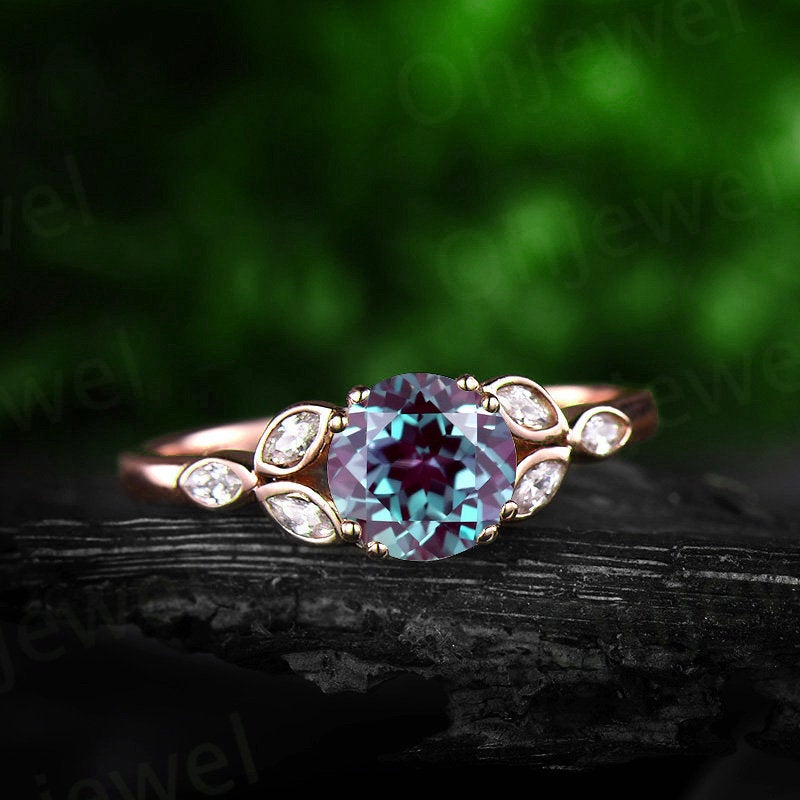 Art deco flower moissanite ring color change alexandrite engagement ring yellow gold 1ct alexandrite ring yellow gold June birthstone ring
