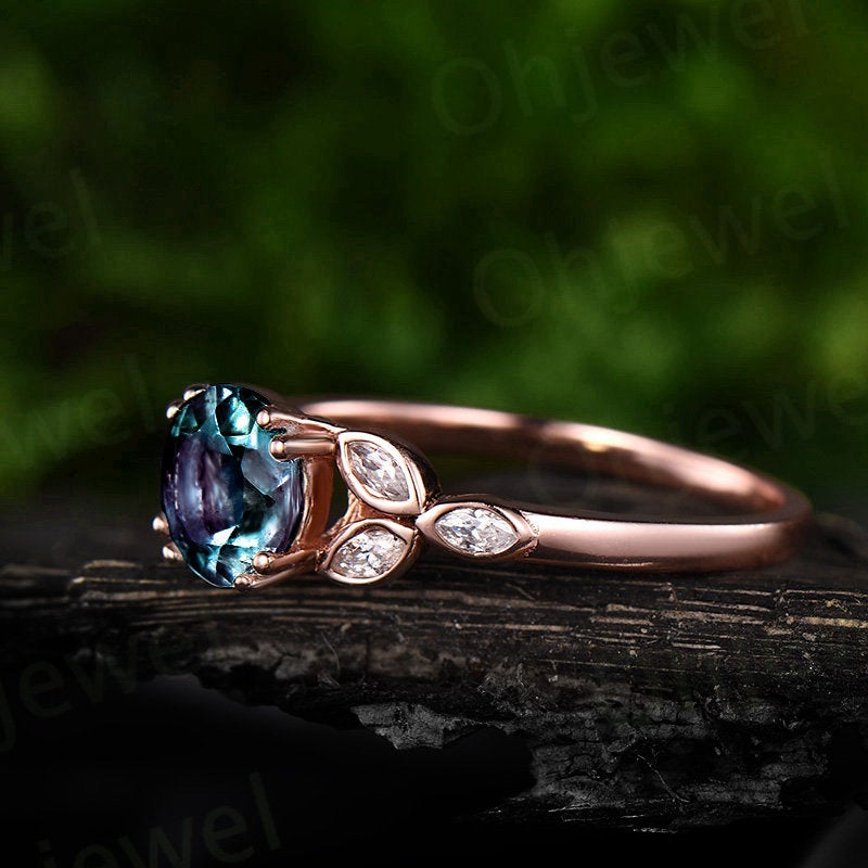 Art deco flower moissanite ring color change alexandrite engagement ring yellow gold 1ct alexandrite ring yellow gold June birthstone ring