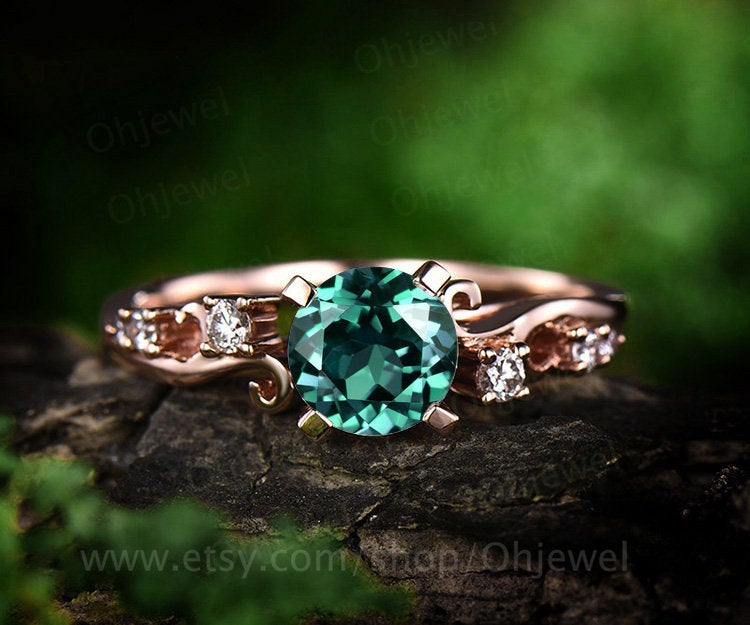 Emerald engagement ring rose gold 14K/18K emerald ring gold vintage diamond ring unique wedding ring band promise ring may birthstone ring