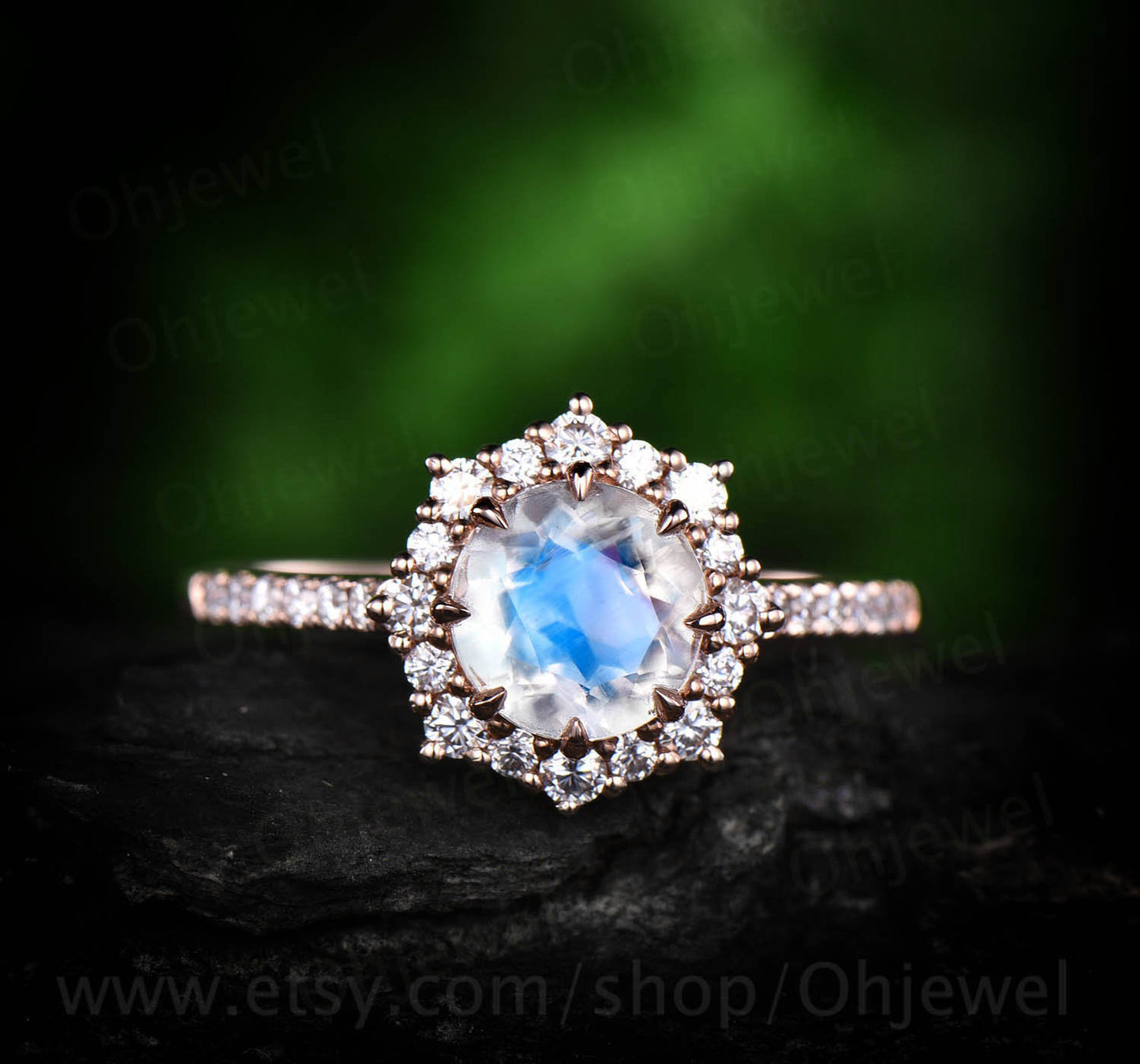 1ct moonstone engagement ring rose gold 14K/18k natural moonstone ring gold vintage June birthstone cluster halo moissanite wedding ring