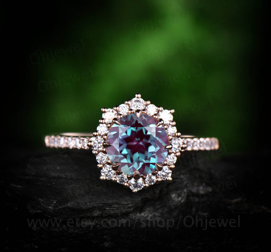 1ct alexandrite ring for women vintage unique halo cluster moissanite ring color change alexandrite engagement ring rose gold wedding ring