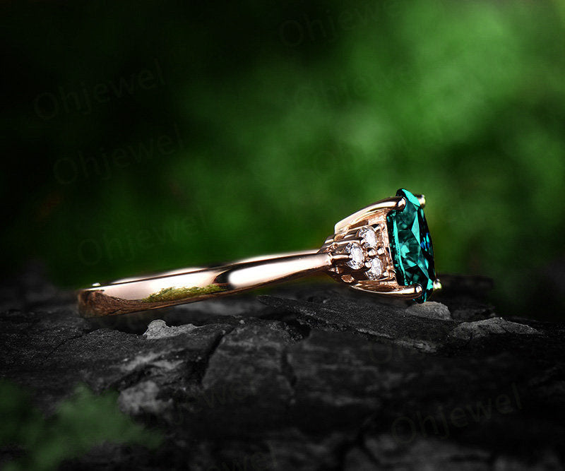 Rose gold ring vintage emerald engagement ring oval cut 6x8mm emerald ring gold unique moissanite ring May birthstone ring anniversary gift