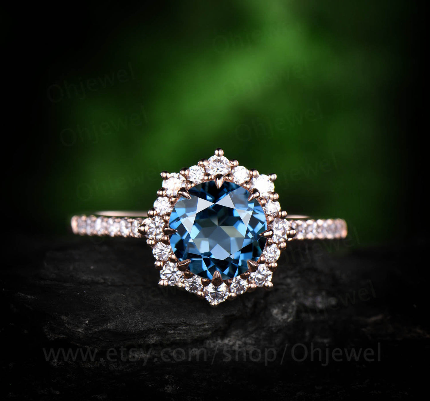 1ct round topaz ring for women vintage unique halo cluster moissanite ring London blue topaz engagement ring rose gold wedding ring band