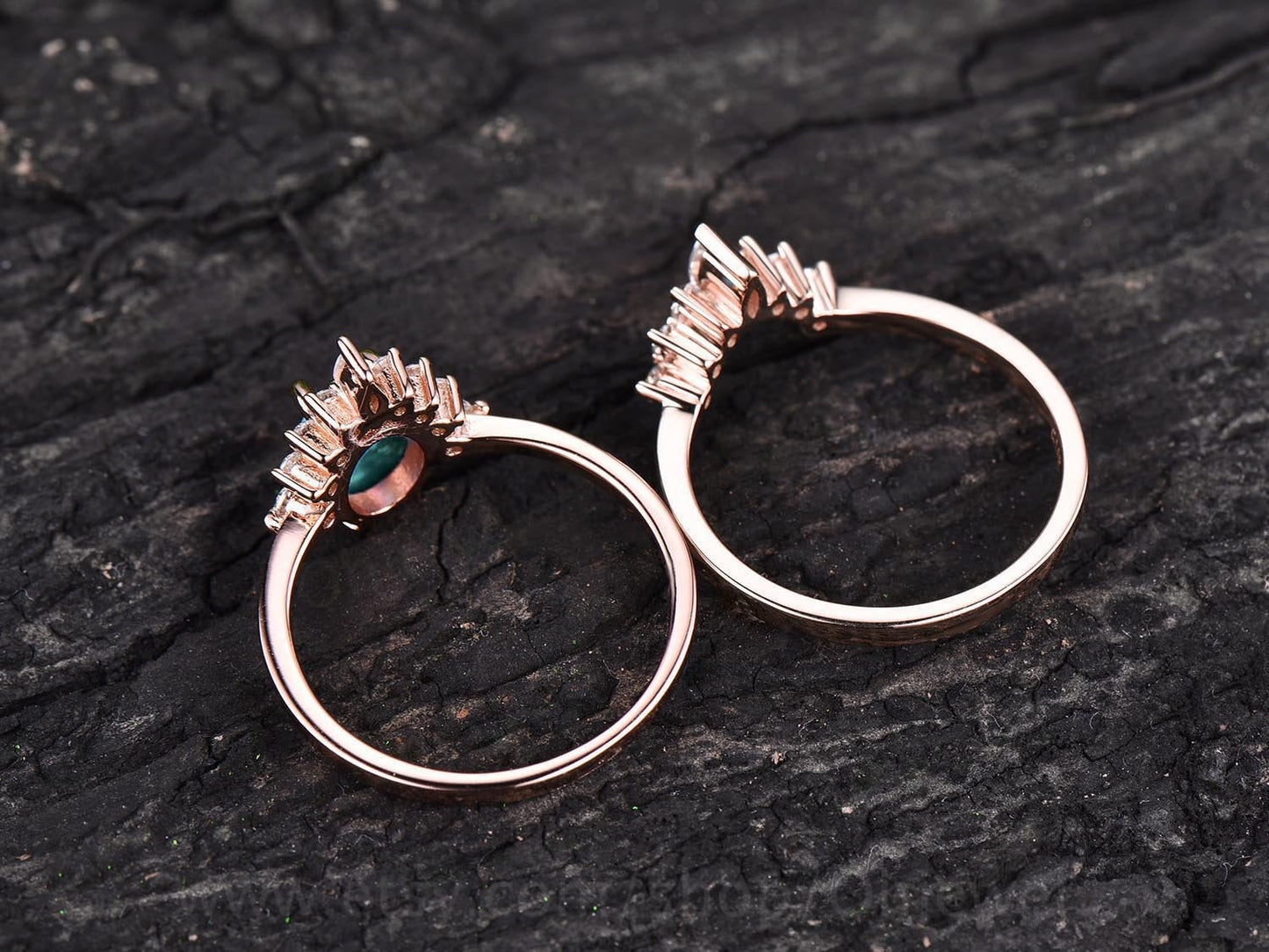 2pcs cluster crown moissanite ring band oval emerald engagement ring set rose gold vintage emerald May birthstone wedding bridal ring set