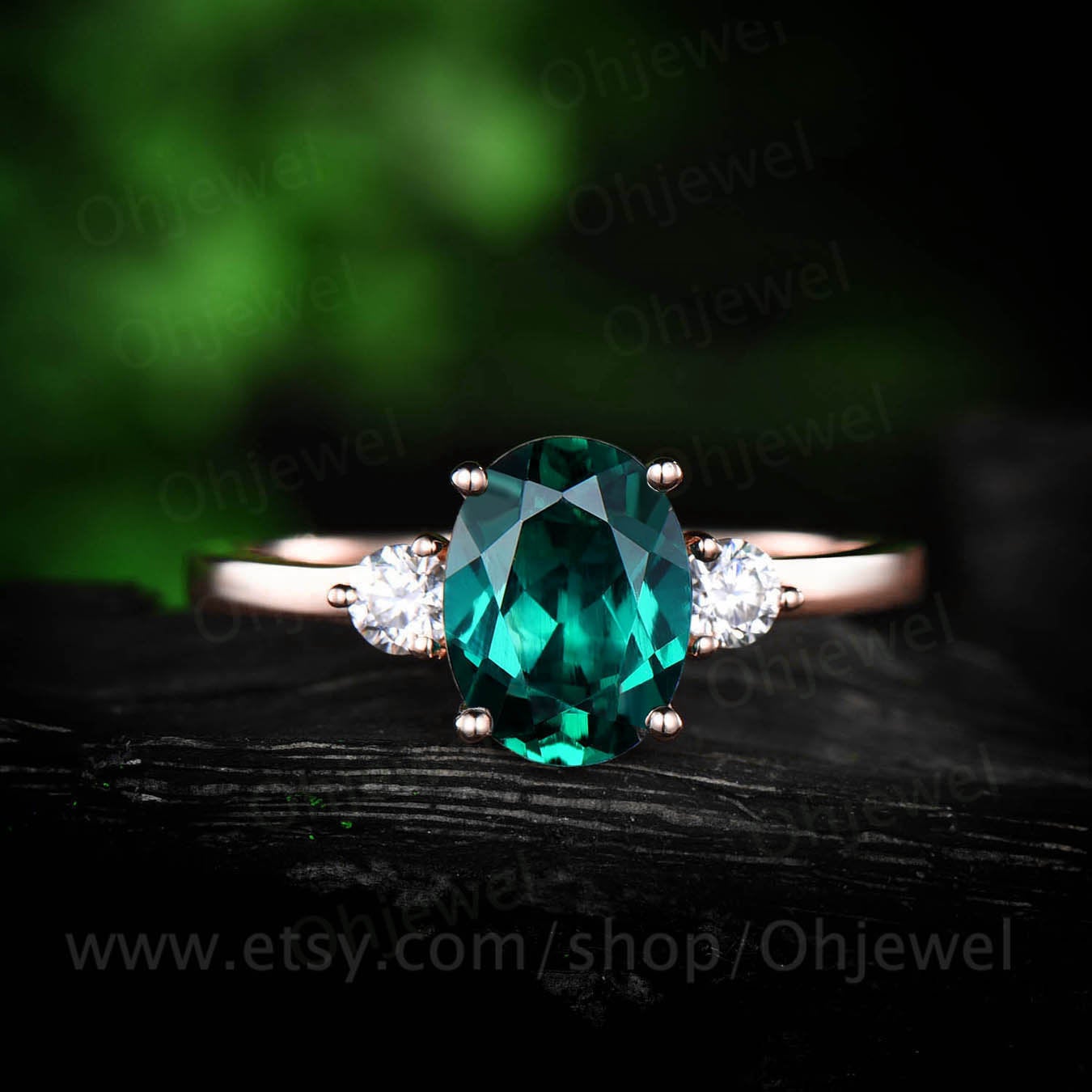 Three stone moissanite ring oval cut emerald engagement ring rose gold emerald ring vintage May birthstone women wedding bridal ring gift