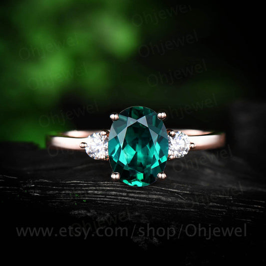 Three stone moissanite ring oval cut emerald engagement ring rose gold emerald ring vintage May birthstone women wedding bridal ring gift