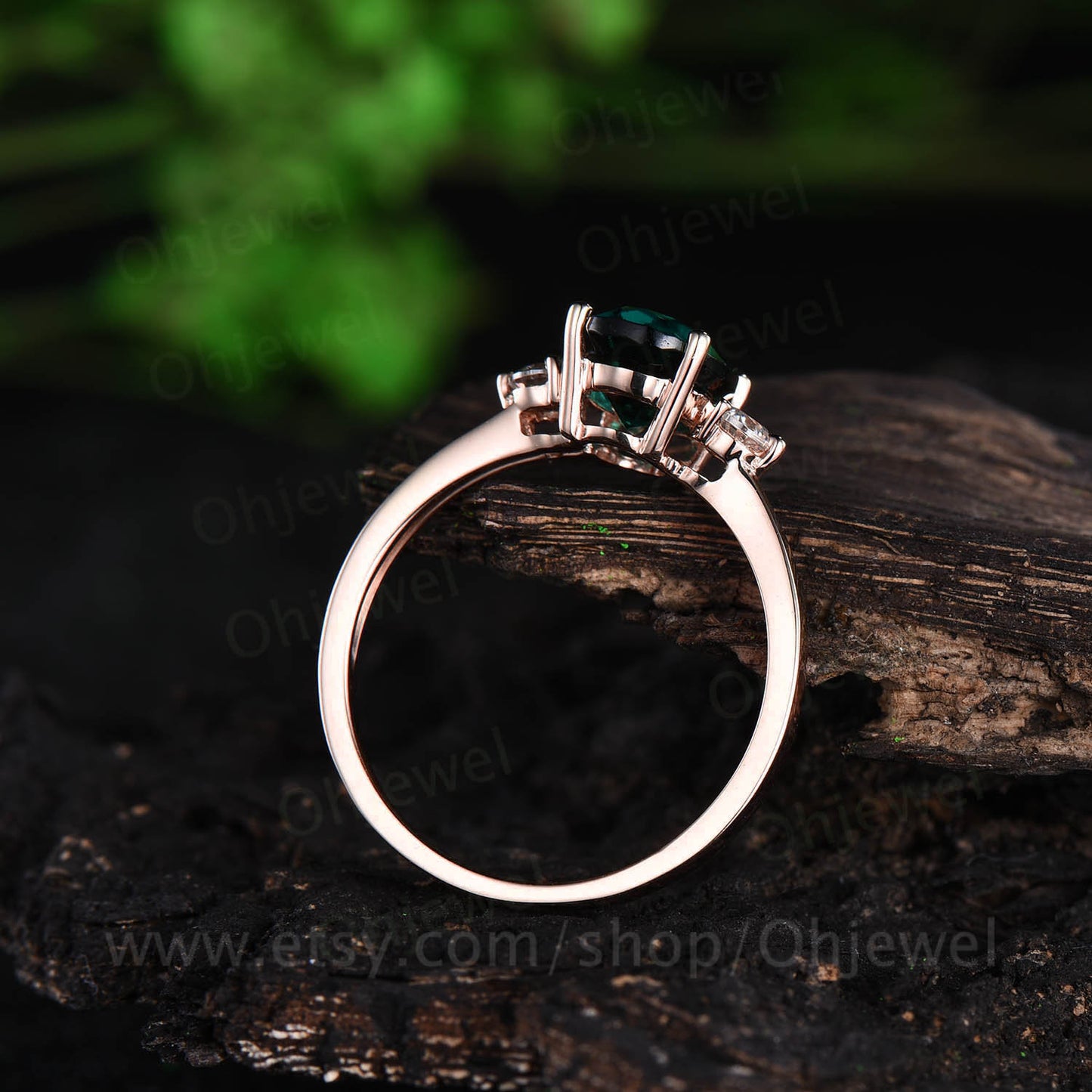 Three stone moissanite ring oval cut emerald engagement ring rose gold emerald ring vintage May birthstone women wedding bridal ring gift