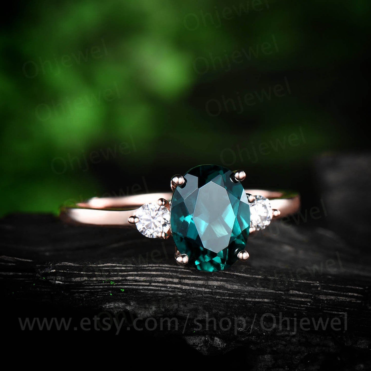 Three stone moissanite ring oval cut emerald engagement ring rose gold emerald ring vintage May birthstone women wedding bridal ring gift