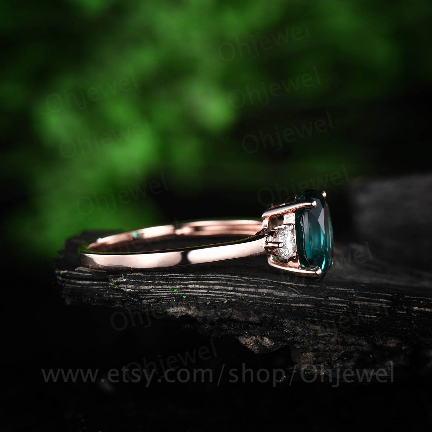 Three stone moissanite ring oval cut emerald engagement ring rose gold emerald ring vintage May birthstone women wedding bridal ring gift