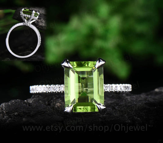 Real diamond under basket halo ring emerald cut peridot engagement ring white gold vintage green peridot women wedding bridal ring