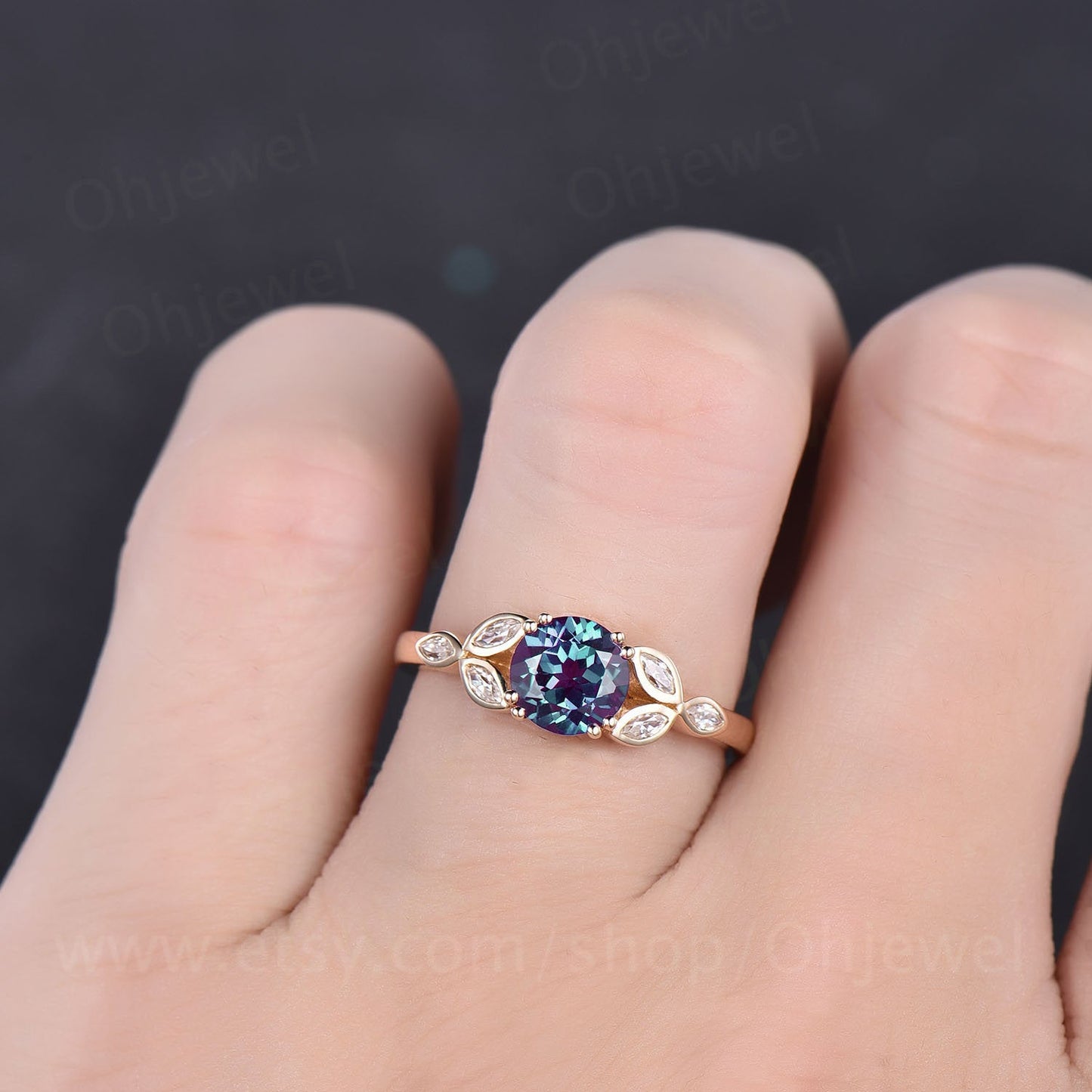 Art deco flower moissanite ring color change alexandrite engagement ring yellow gold 1ct alexandrite ring yellow gold June birthstone ring