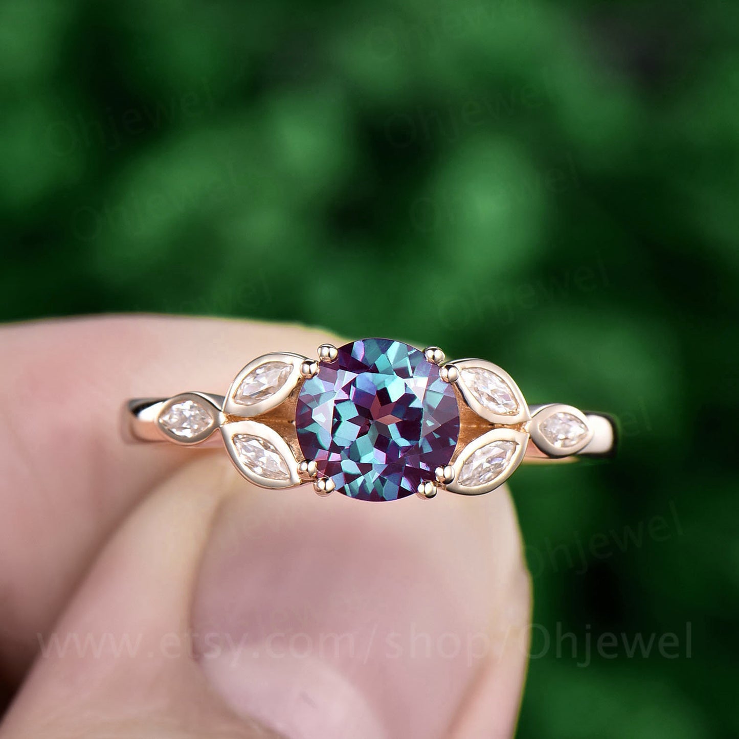 Art deco flower moissanite ring color change alexandrite engagement ring yellow gold 1ct alexandrite ring yellow gold June birthstone ring