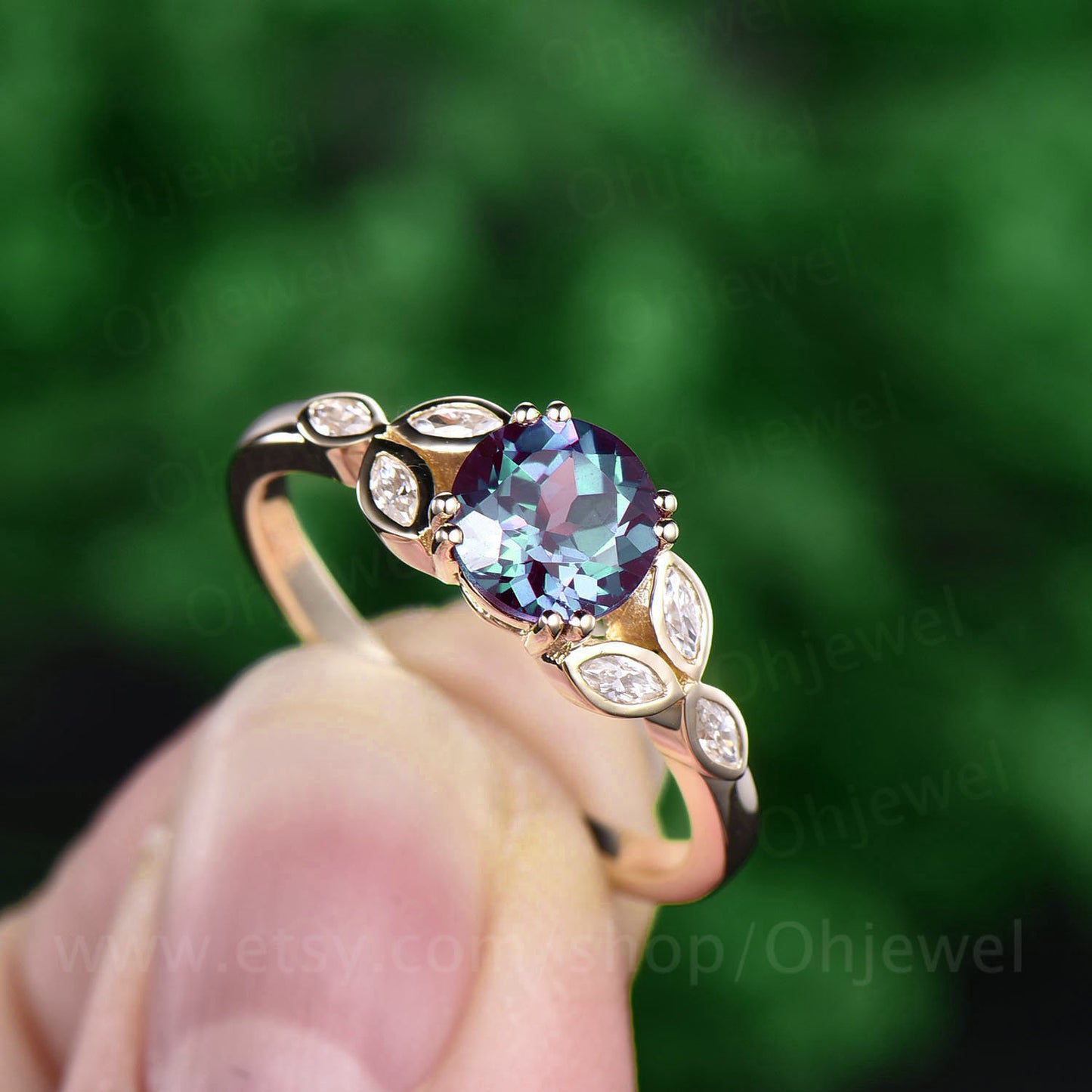 Art deco flower moissanite ring color change alexandrite engagement ring yellow gold 1ct alexandrite ring yellow gold June birthstone ring