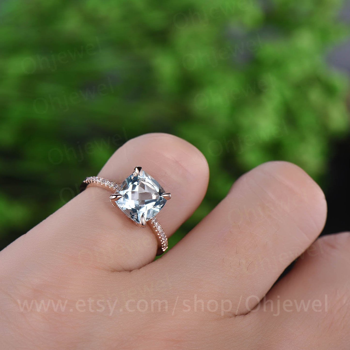 8mm cushion aquamarine ring vintage for women aquamarine engagement ring rose gold diamond under basket halo May birthstone wedding ring