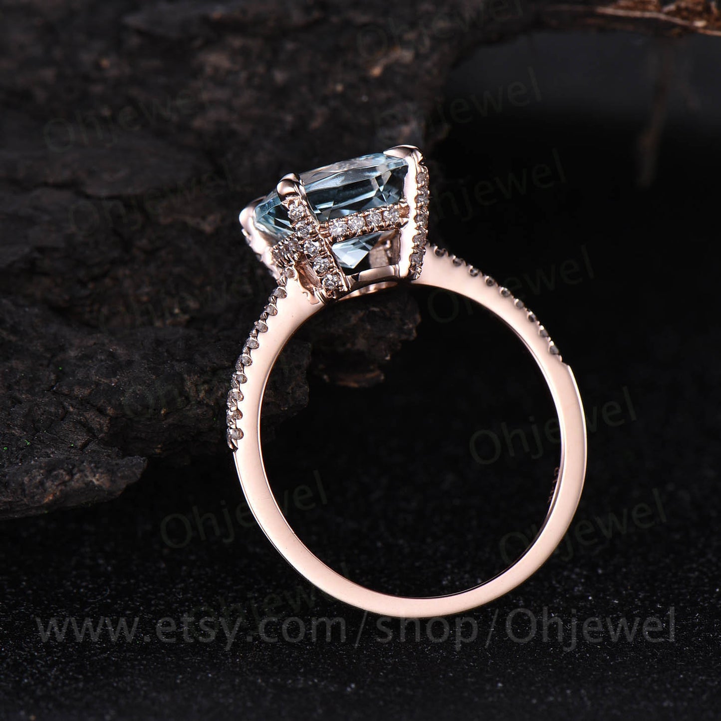 8mm cushion aquamarine ring vintage for women aquamarine engagement ring rose gold diamond under basket halo May birthstone wedding ring