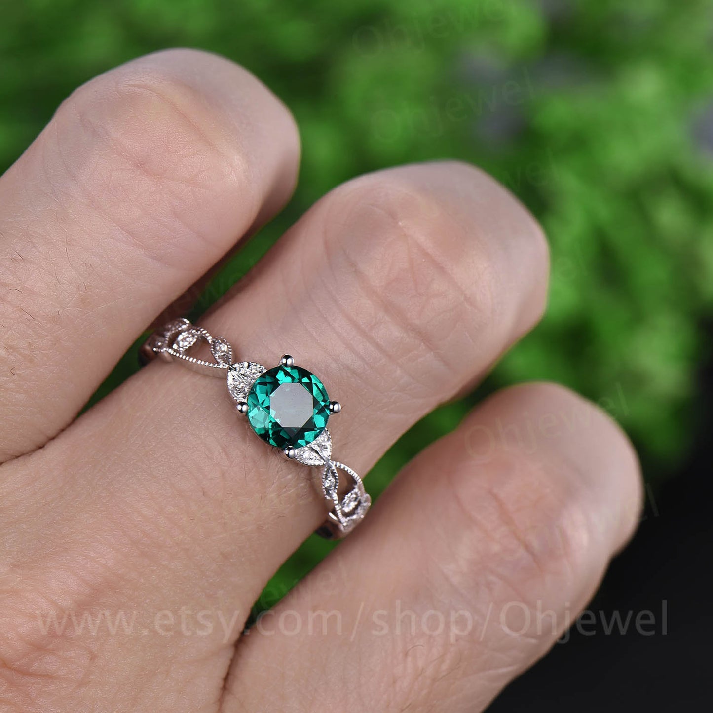 1ct Unique round emerald engagement ring rose gold 14K/18K emerald ring gold vintage full eternity diamond wedding band may birthstone ring
