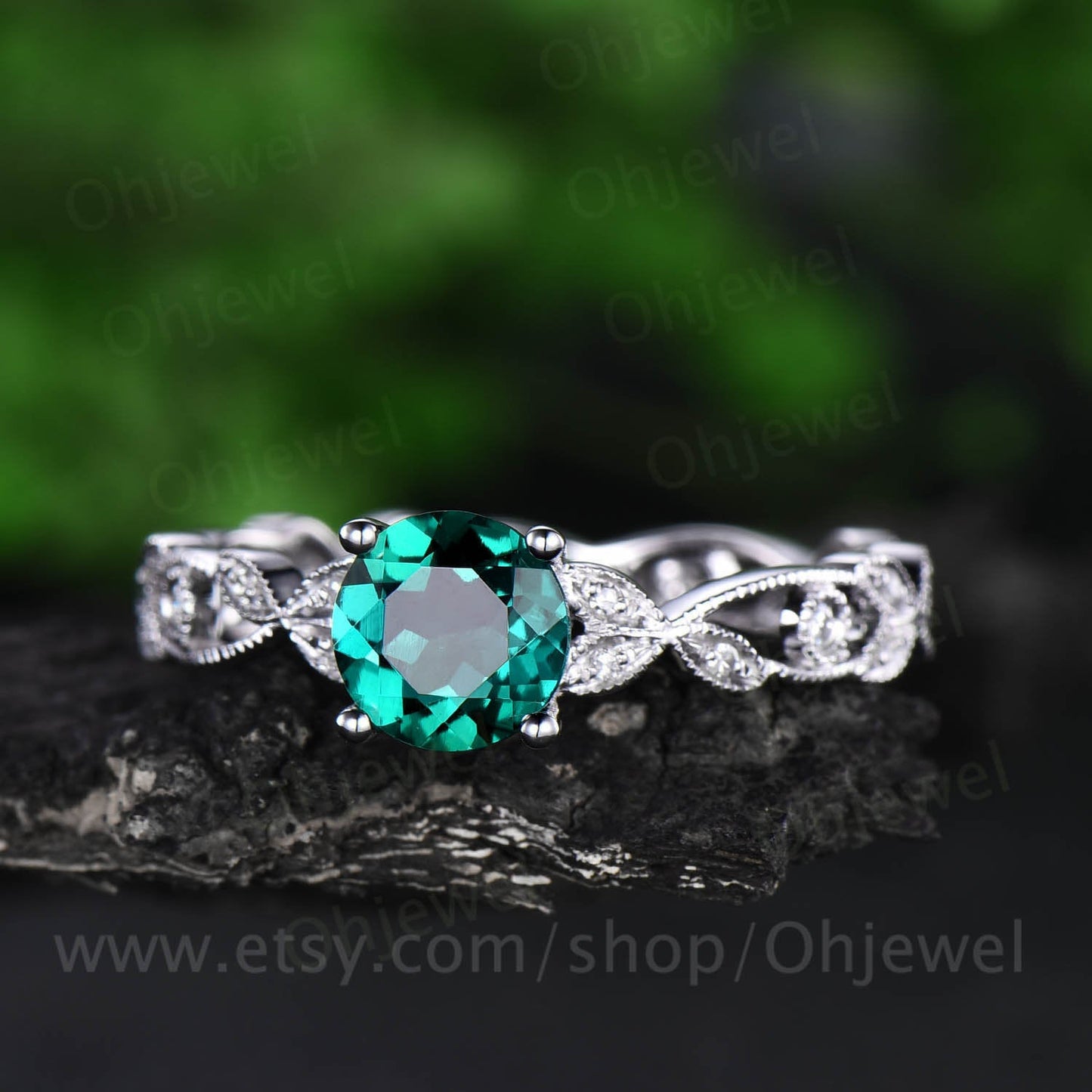 1ct Unique round emerald engagement ring rose gold 14K/18K emerald ring gold vintage full eternity diamond wedding band may birthstone ring