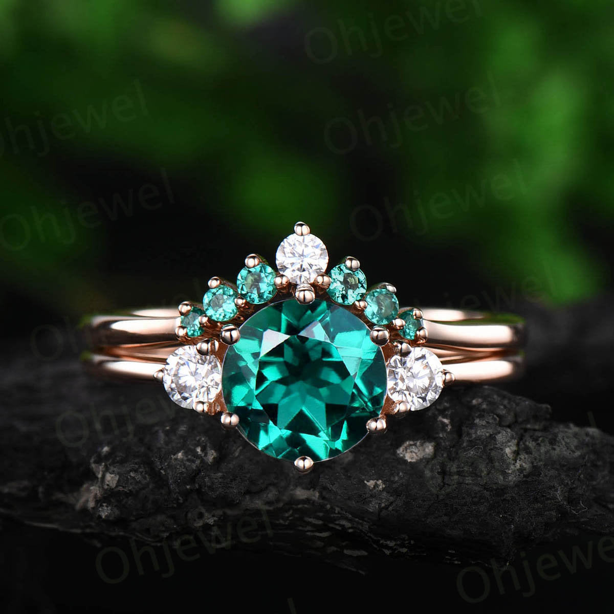 Three stone engagement ring emerald engagement ring set rose gold May birthstone ring moissanite natural emerald wedding band bridal set