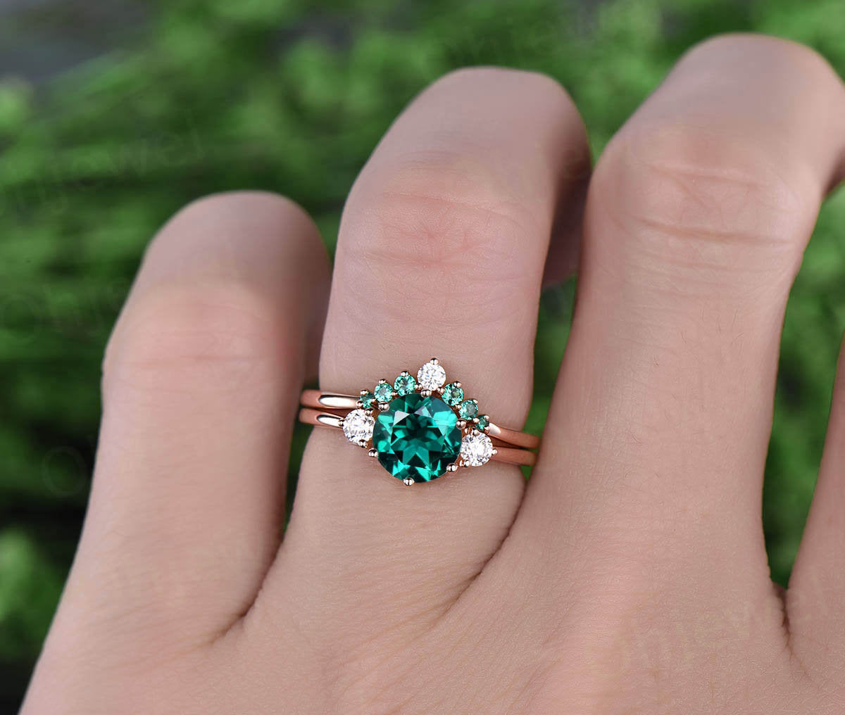 Three stone engagement ring emerald engagement ring set rose gold May birthstone ring moissanite natural emerald wedding band bridal set