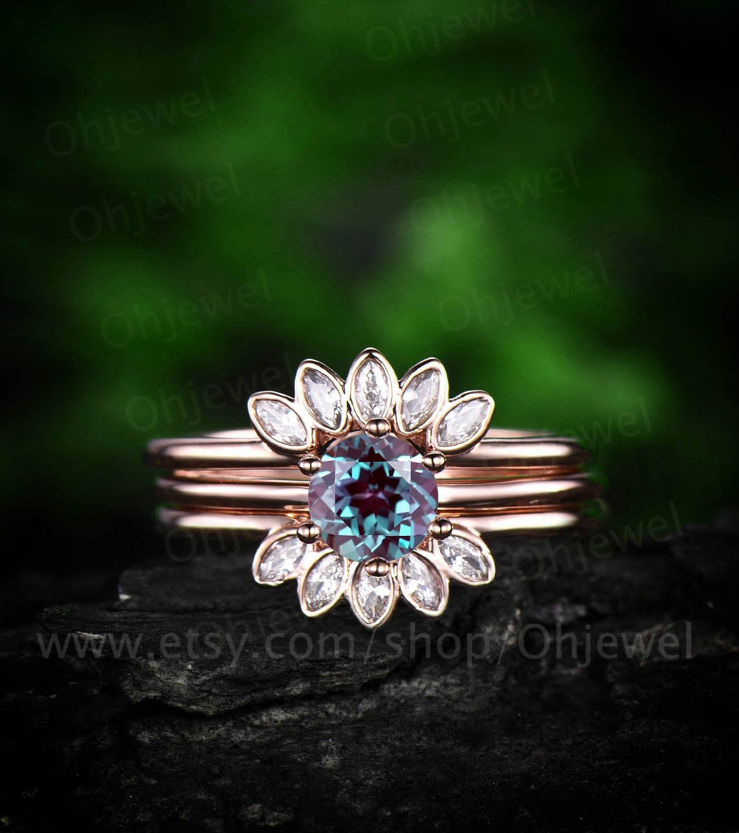 3pcs Alexandrite bridal set color change alexandrite engagement ring set rose gold crown marquise moissanite wedding June birthstone ring