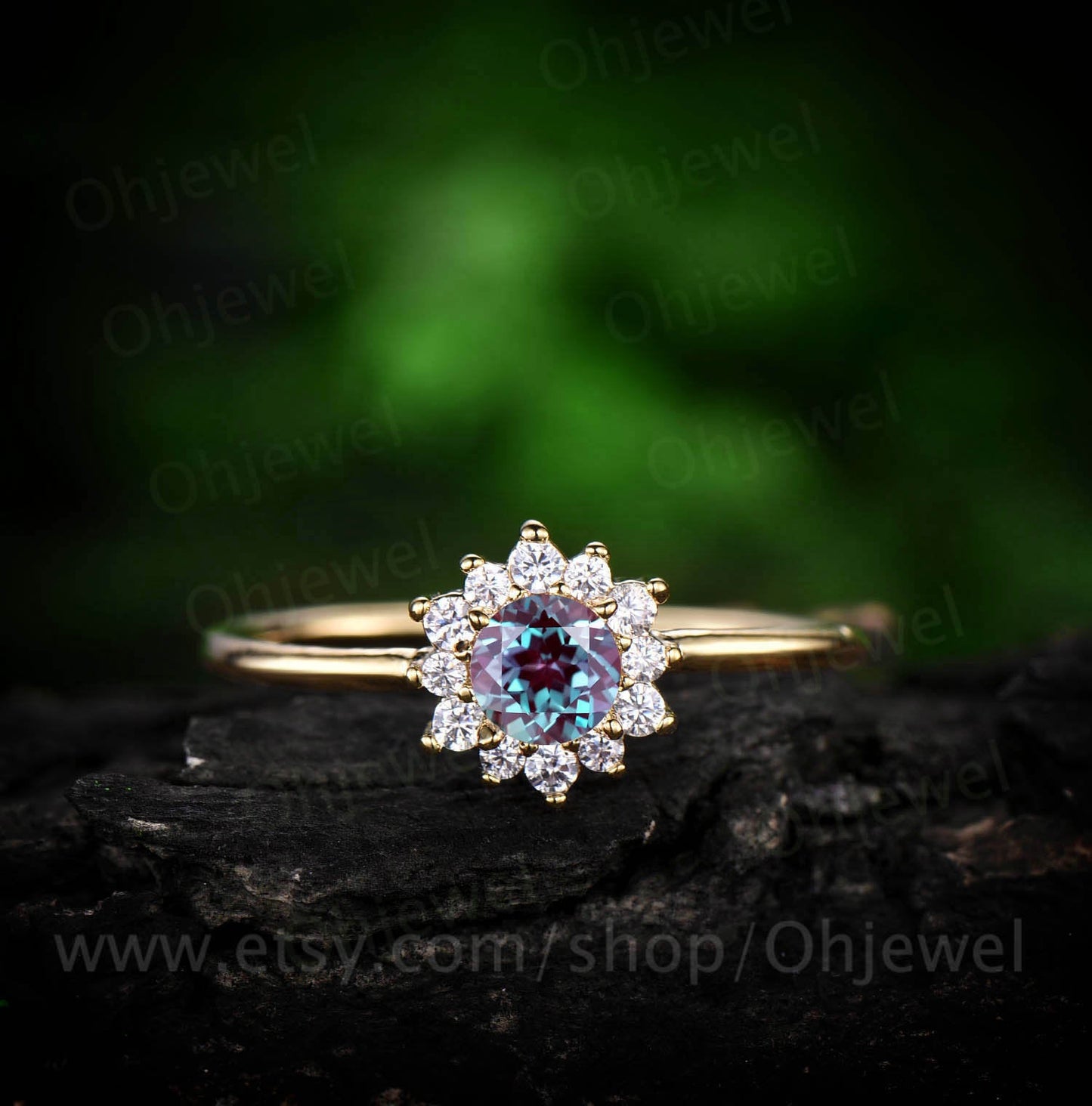 Sunflower cluster halo moissanite ring color change alexandrite engagement ring rose gold June birthstone ring unique antique jewelry gift