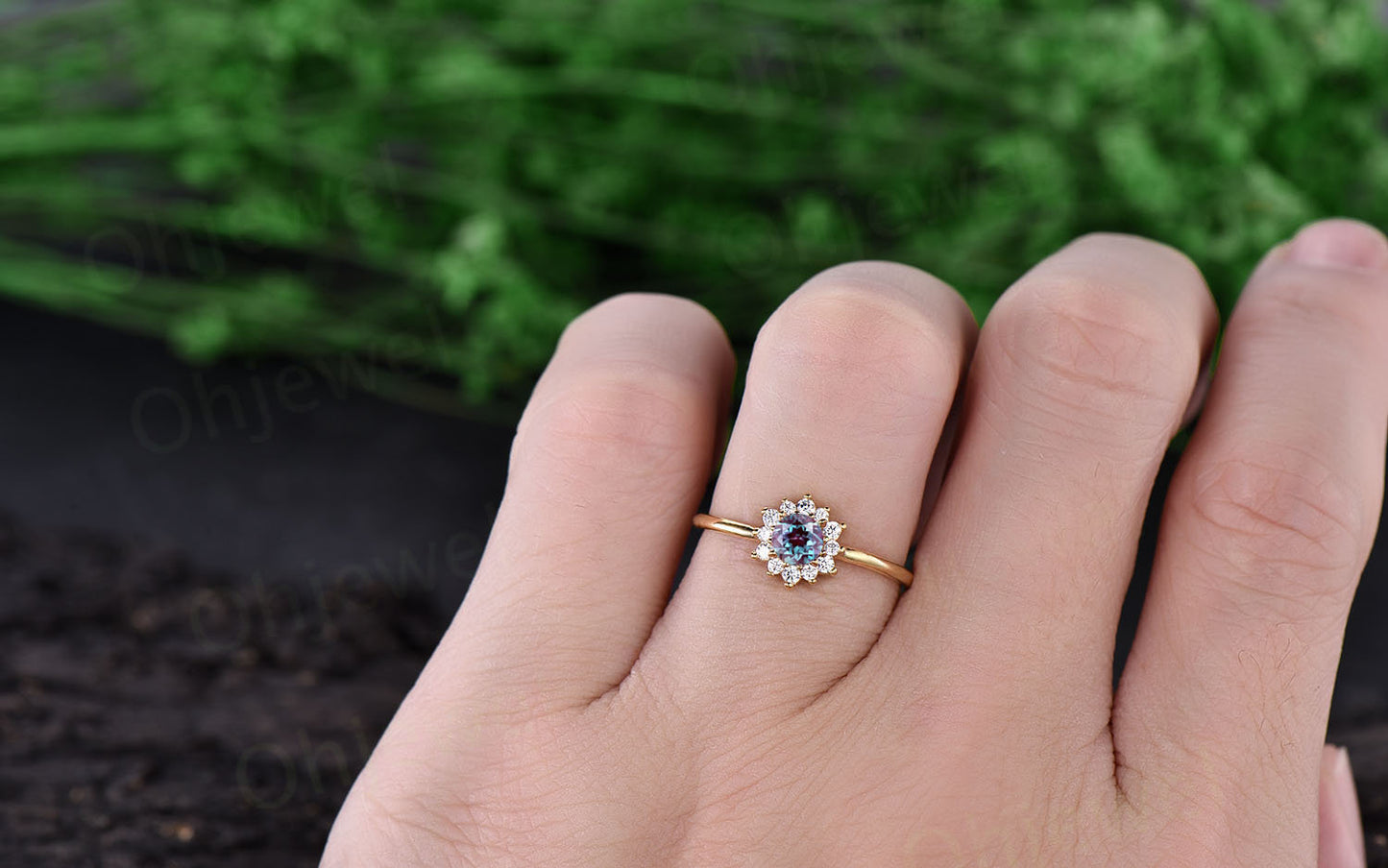 Sunflower cluster halo moissanite ring color change alexandrite engagement ring rose gold June birthstone ring unique antique jewelry gift