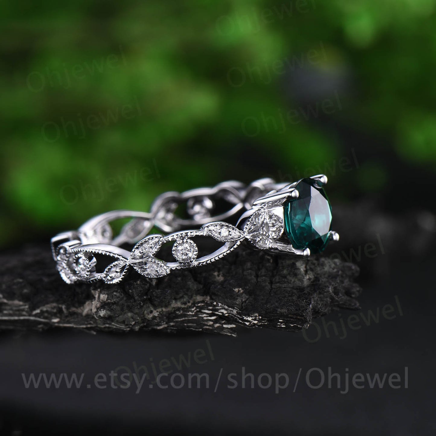 1ct Unique round emerald engagement ring rose gold 14K/18K emerald ring gold vintage full eternity diamond wedding band may birthstone ring