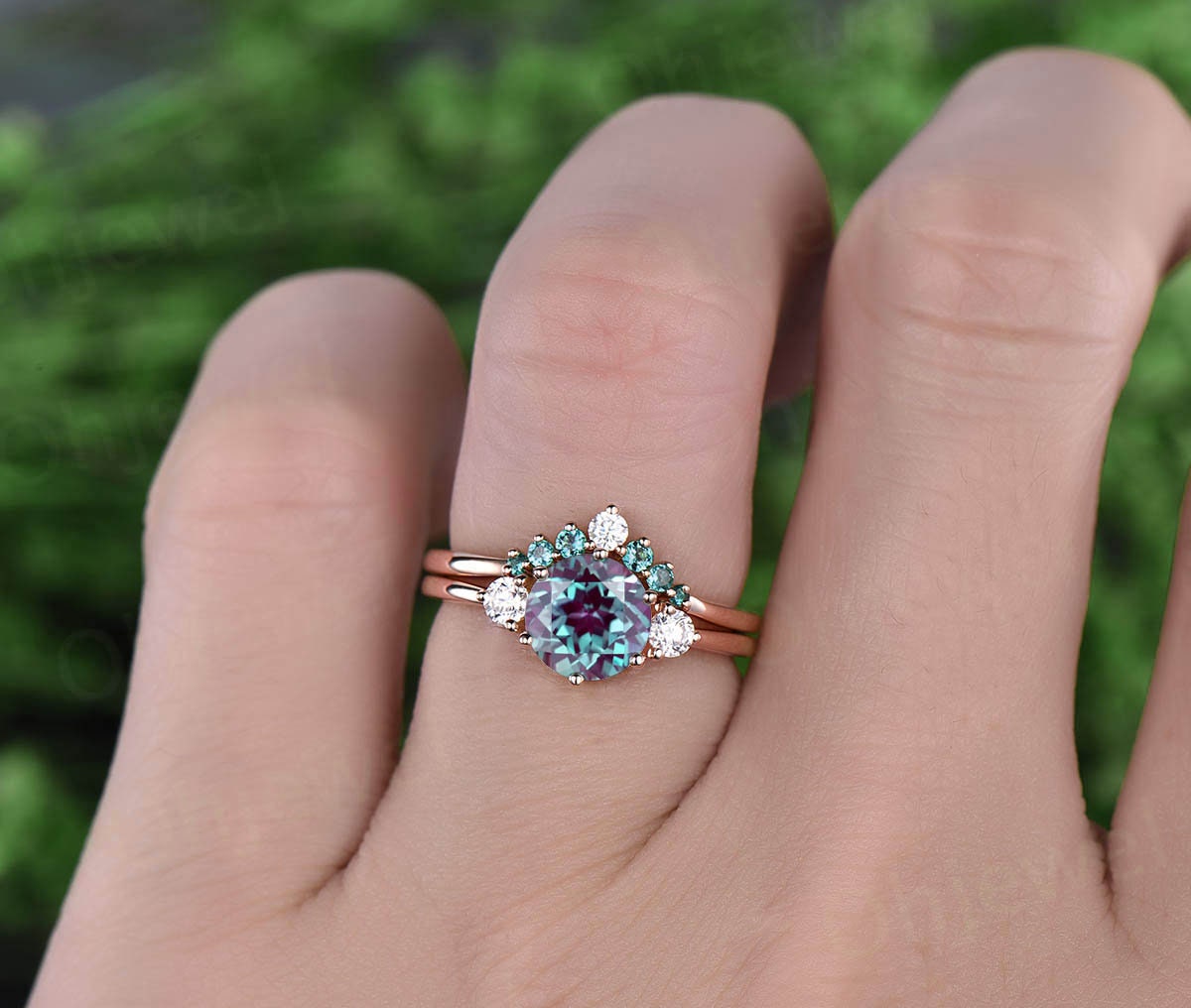 Vintage alexandrite engagement ring set 14k white gold three stone moissanite ring for women unique engagement ring promise wedding ring set