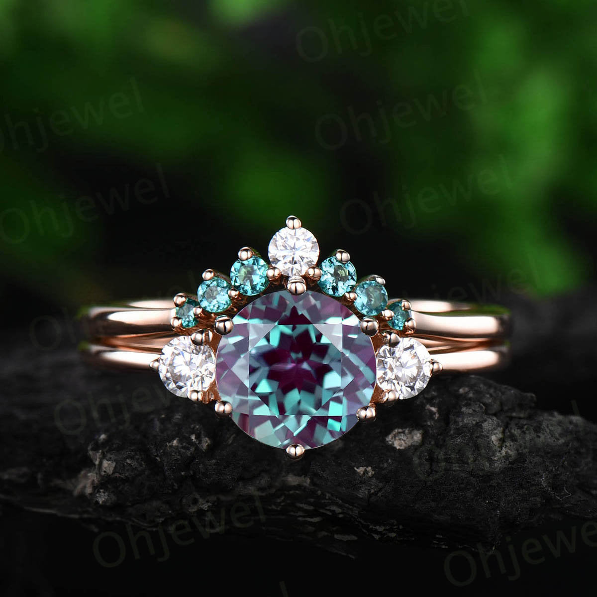 2pcs Three stone ring vintage unique moissanite engagement ring alexandrite bridal set round alexandrite engagement ring set white gold ring
