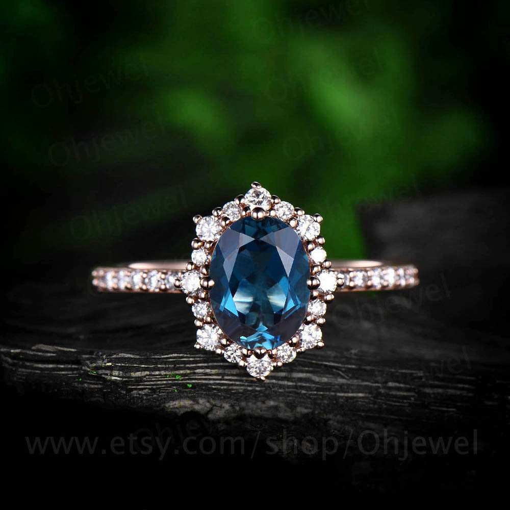 1.3ct London blue topaz ring for women vintage unique halo cluster moissanite ring London blue topaz engagement ring rose gold wedding ring