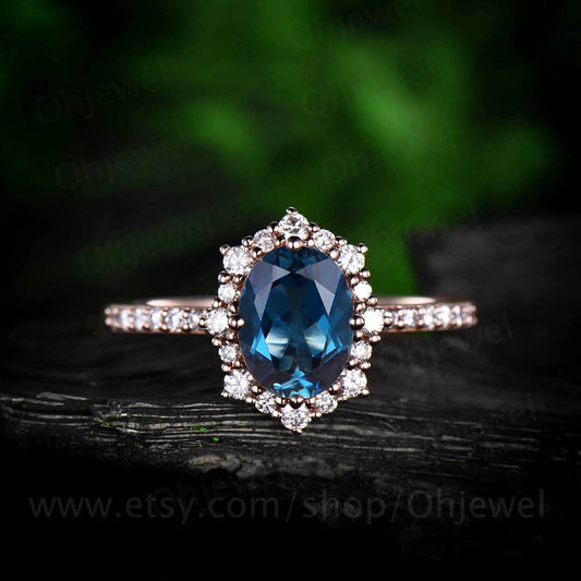 1.3ct London blue topaz ring for women vintage unique halo cluster moissanite ring London blue topaz engagement ring rose gold wedding ring