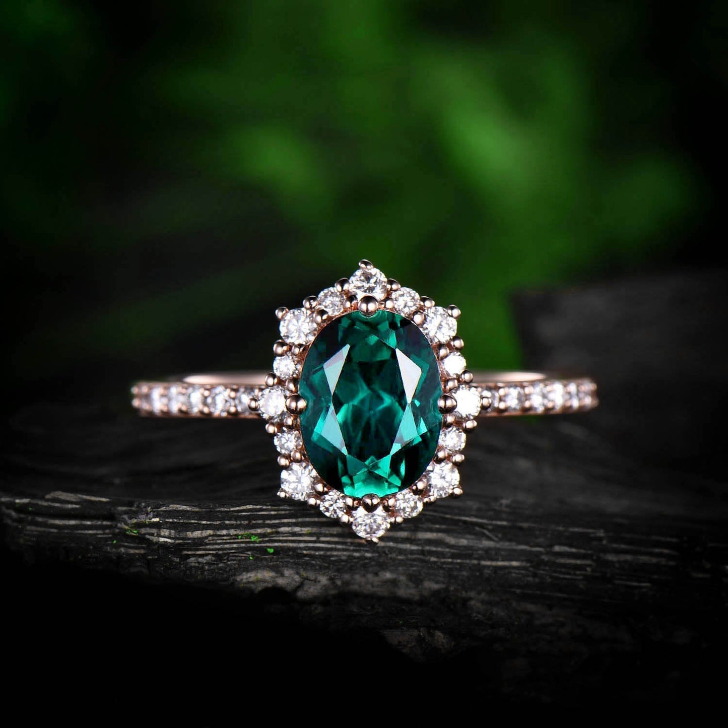 1.3ct emerald ring vintage halo moissanite ring emerald engagement ring solid rose gold anniversary birthday gift for women