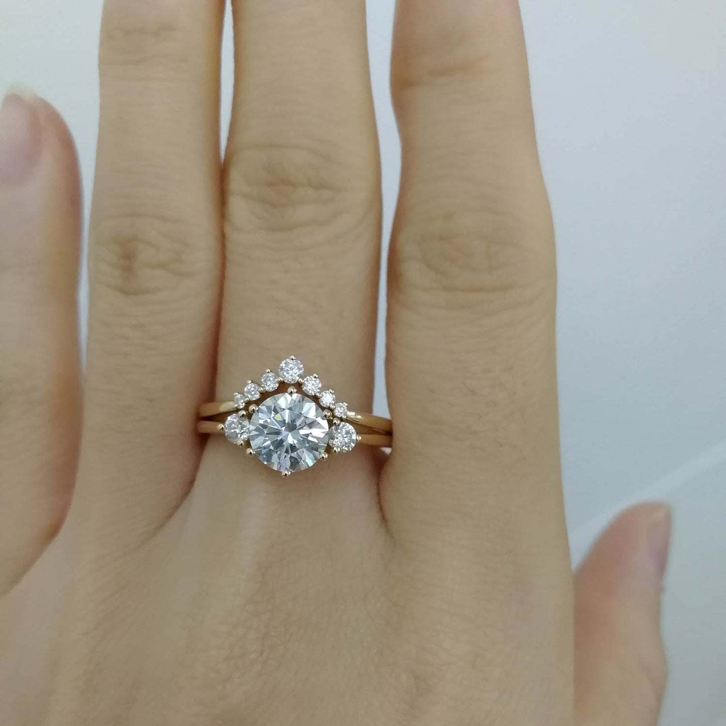 Three stone moissanite engagement ring set rose gold 14K/18K moissanite ring set rose gold moissanite wedding ring band unique promise ring