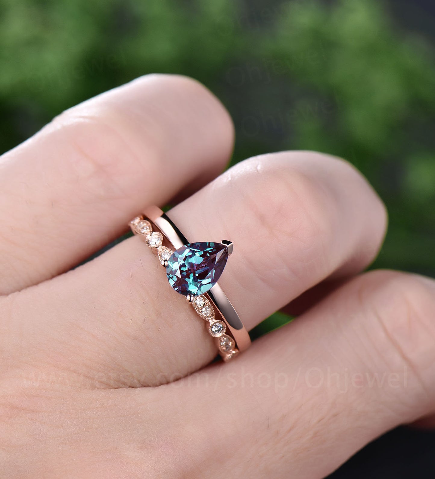 Solitaire ring 2pcs color change alexandrite engagement ring set rose gold alexandrite bridal ring set bridal birthday anniversary gift