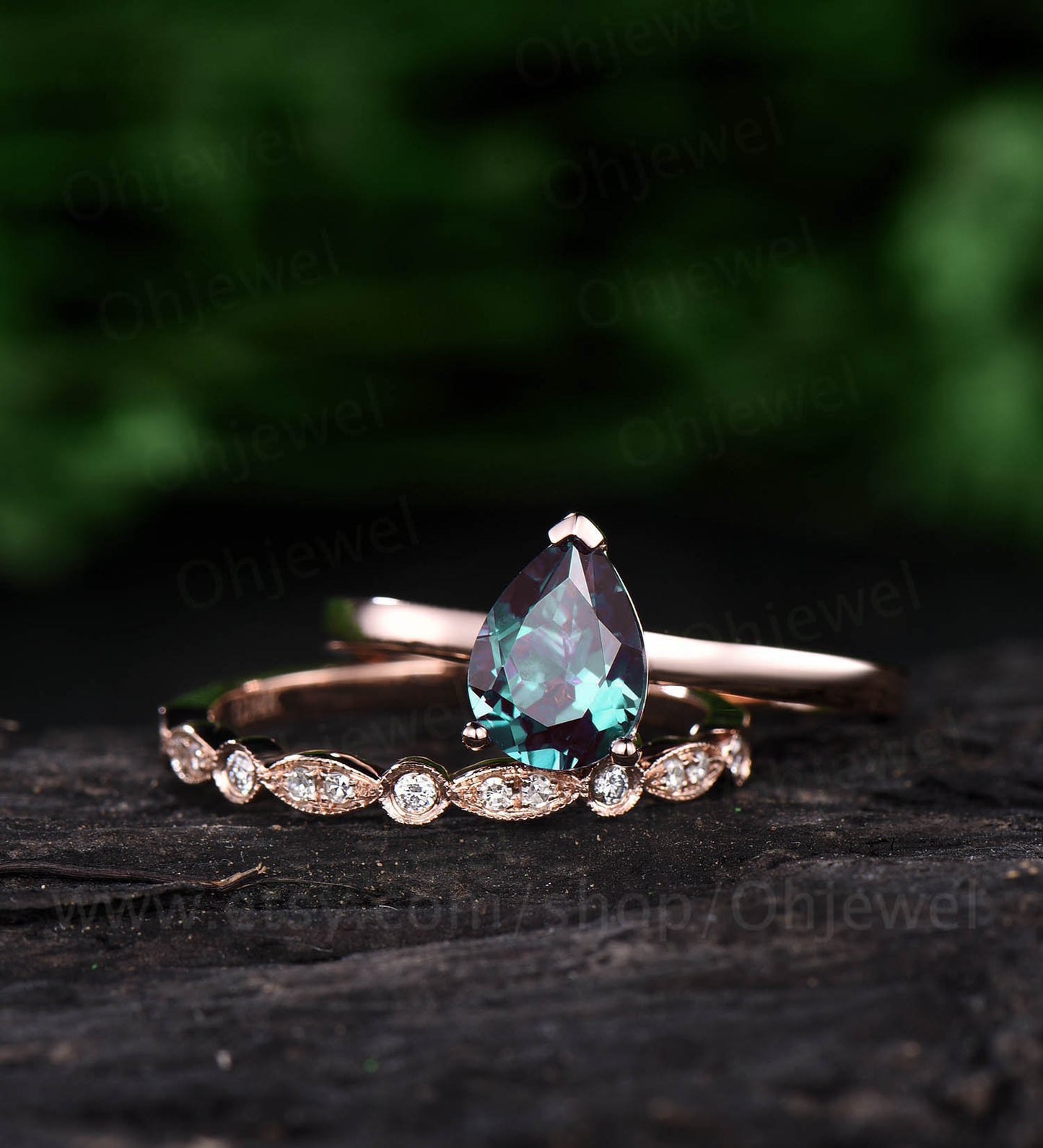 Solitaire ring 2pcs color change alexandrite engagement ring set rose gold alexandrite bridal ring set bridal birthday anniversary gift