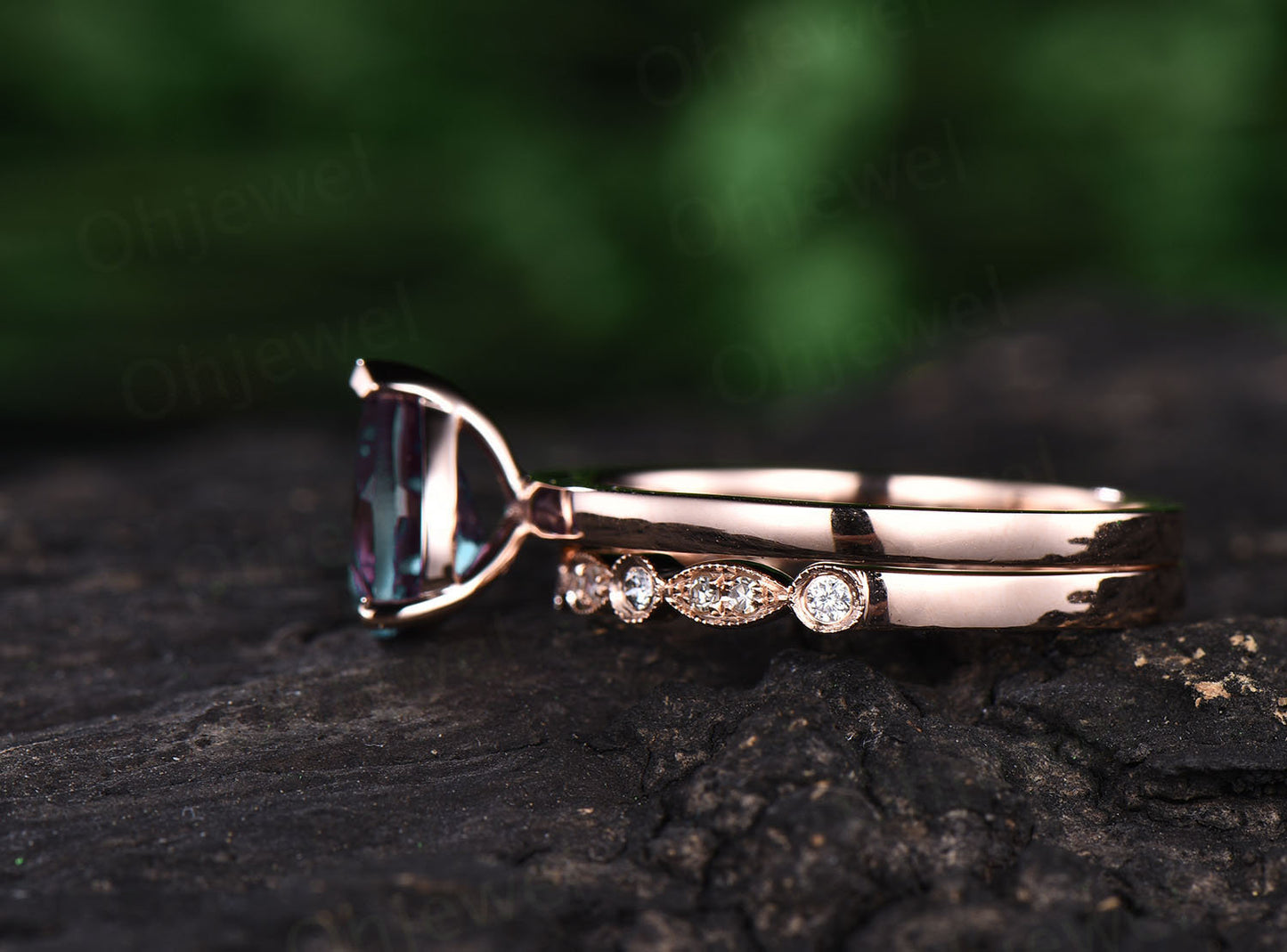 Solitaire ring 2pcs color change alexandrite engagement ring set rose gold alexandrite bridal ring set bridal birthday anniversary gift