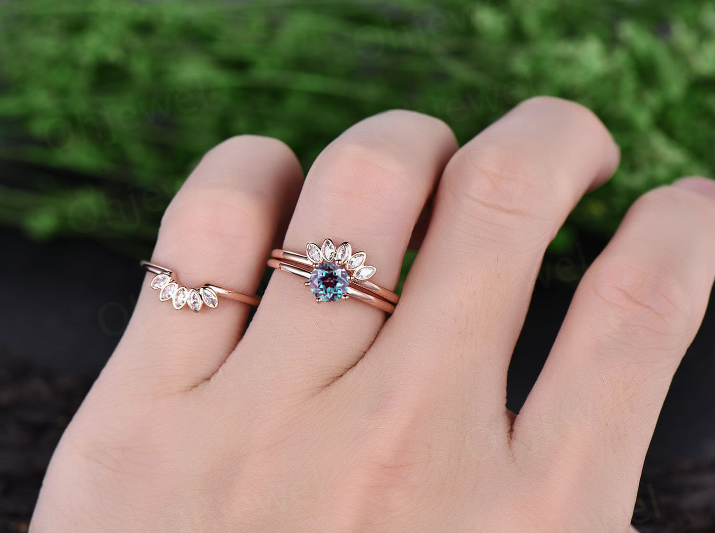 3pcs Alexandrite bridal set color change alexandrite engagement ring set rose gold crown marquise moissanite wedding June birthstone ring